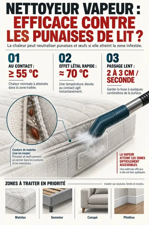 Infographie sur l’utilisation d’un nettoyeur vapeur contre les punaises de lit, avec température, distance et vitesse de passage