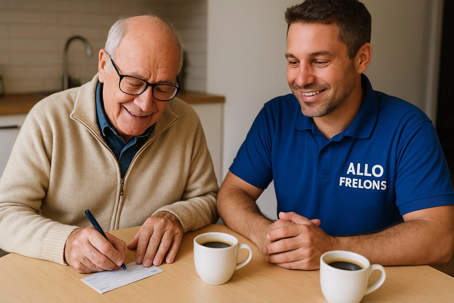 Règlement du client après une intervention, autour d’un café. Moment convivial