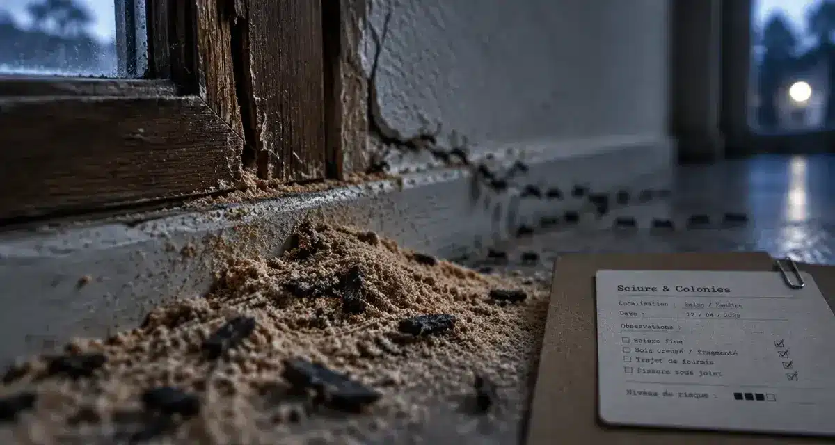 Fourmi charpentière et sciure fine au pied d’une poutre en bois